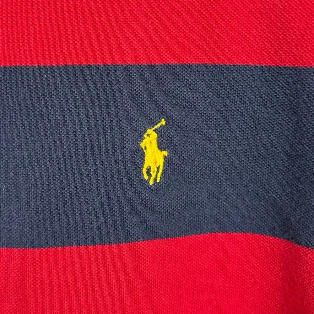 Polo Ralph Lauren Custom Fit Polo Shirt Mens L Red Navy Stripe Yellow Pony
